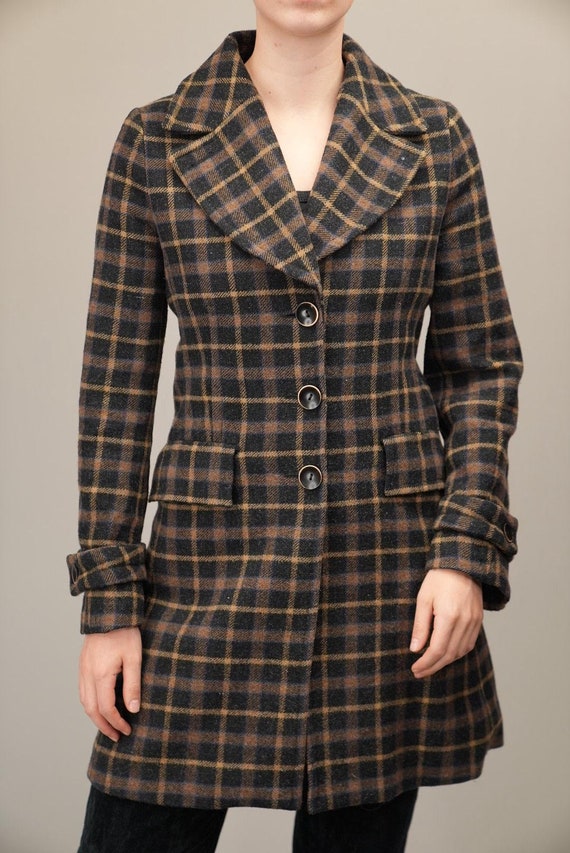 Cappotto Stefanel in lana anni '90 con motivo a quadri Taglia M