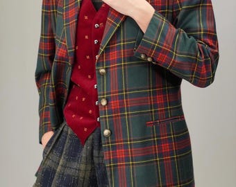 Festive Tartan Wool Vintage Blazer in Forest Green and Red | Women's L | Velvet Collar | Made in Italy, Pure Wool