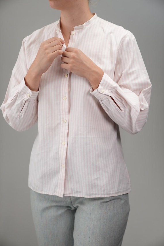 Benetton, Benetton Striped Cotton Vintage Shirt | Size M | Soft Pink & White Vintage Blouse | Italian 80s