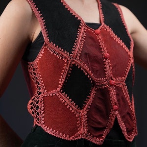 Suede Leather Vest Patchwork with Crochet Details red black image 5