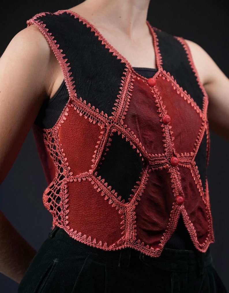 Suede Leather Vest Patchwork with Crochet Details red black image 5