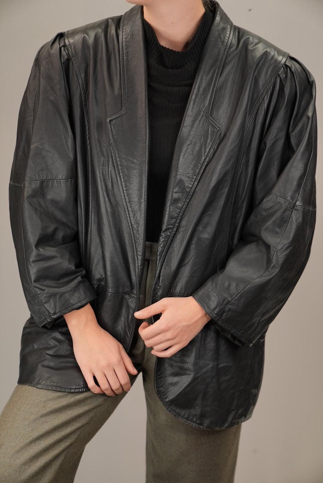 80s Cowhide Leather Coat With Blouson Sleeves | Women's Size XL