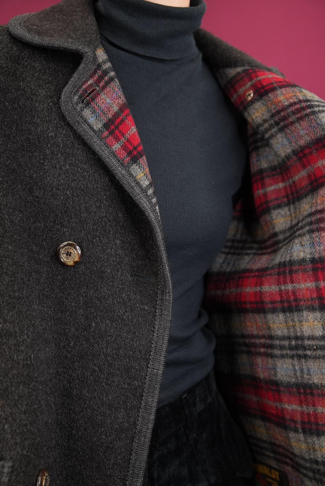 ジャケット・アウター 80s MERLET Loden Coat 50 Merlet Loden Coat, Virgin Wool in Charcoal Grey With Red