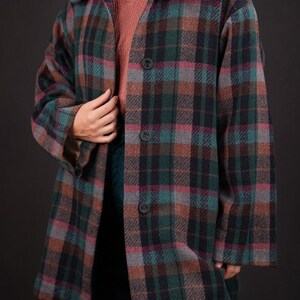 Vintage 80s Wool Coat Green Purple Orange Stripe Tartan 12 14