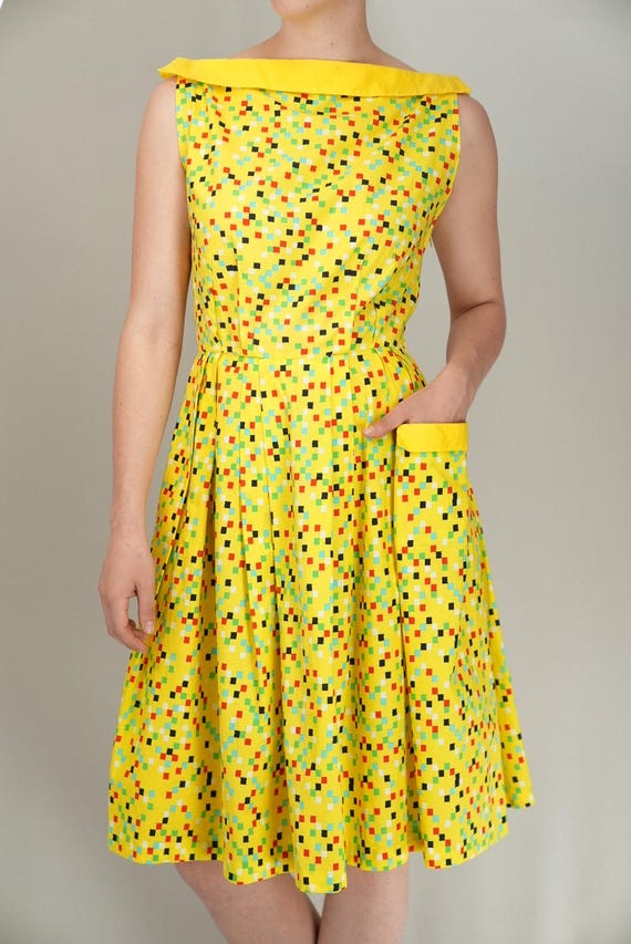 80s Fiorucci Cotton Dress | Yellow Graphic Print Fit & Flare Dress | Italian Vintage | Size M