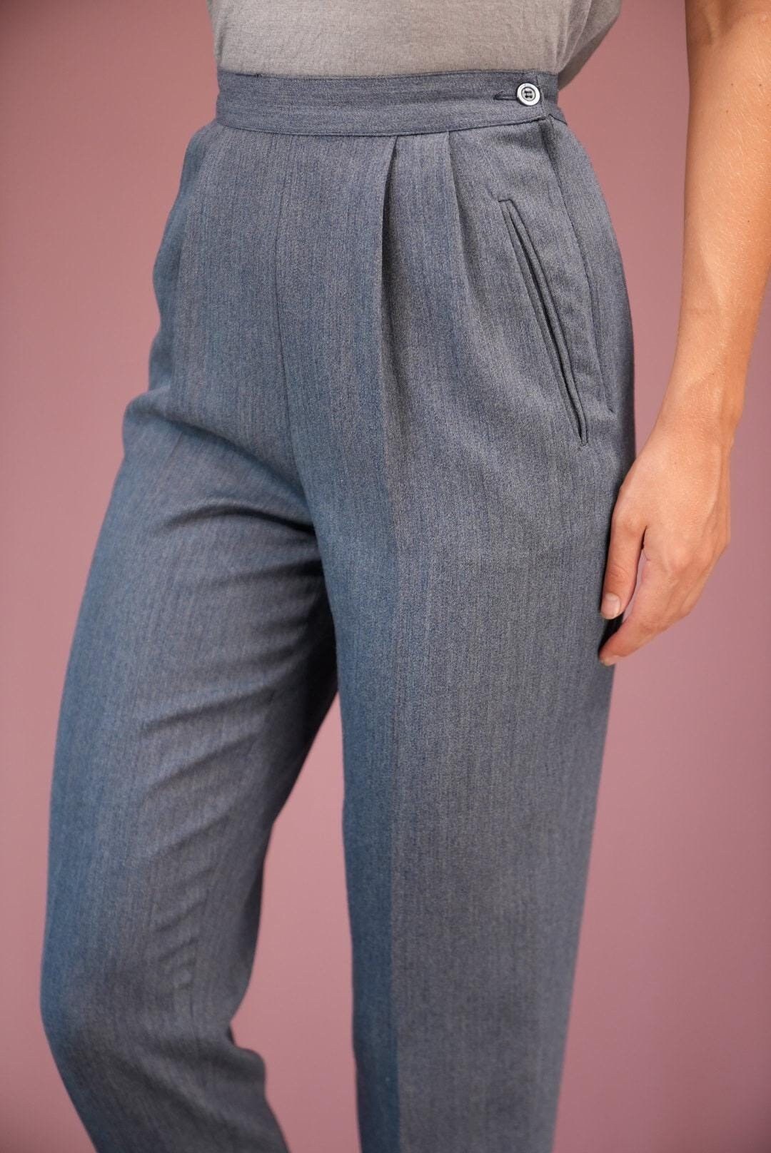Light Blue Women's Vintage Wool Trousers with Pleats | 1980s, Pure Wool | Size M