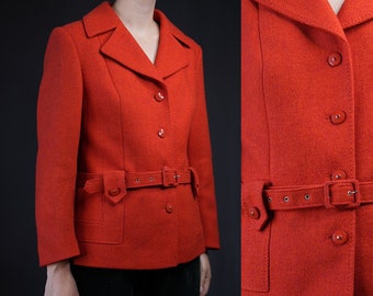 HUCKE Red Vintage Wool Coat short with Belt | 20% Mohair