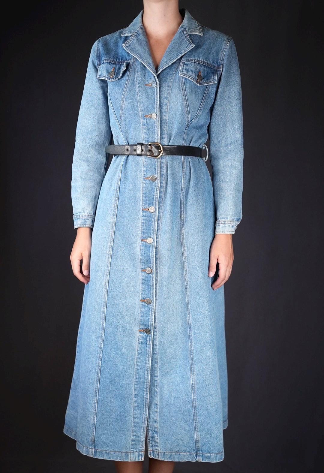 denim midi dress with sleeves Women's The Right Impression Medium Wash Cotton Denim Midi Dress | Size: L