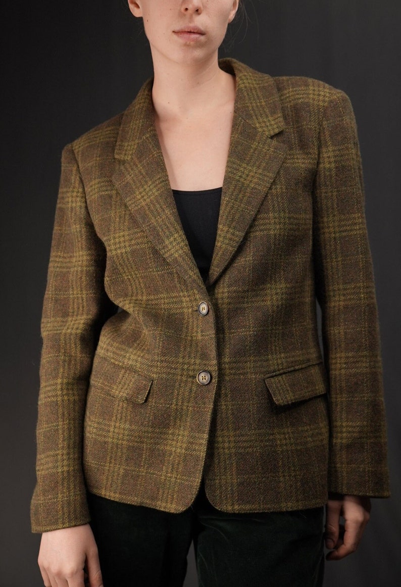 Blazer vintage in lana a quadri in verde kaki/alpaca e mohair/pennyblack, Made in Italy immagine 3