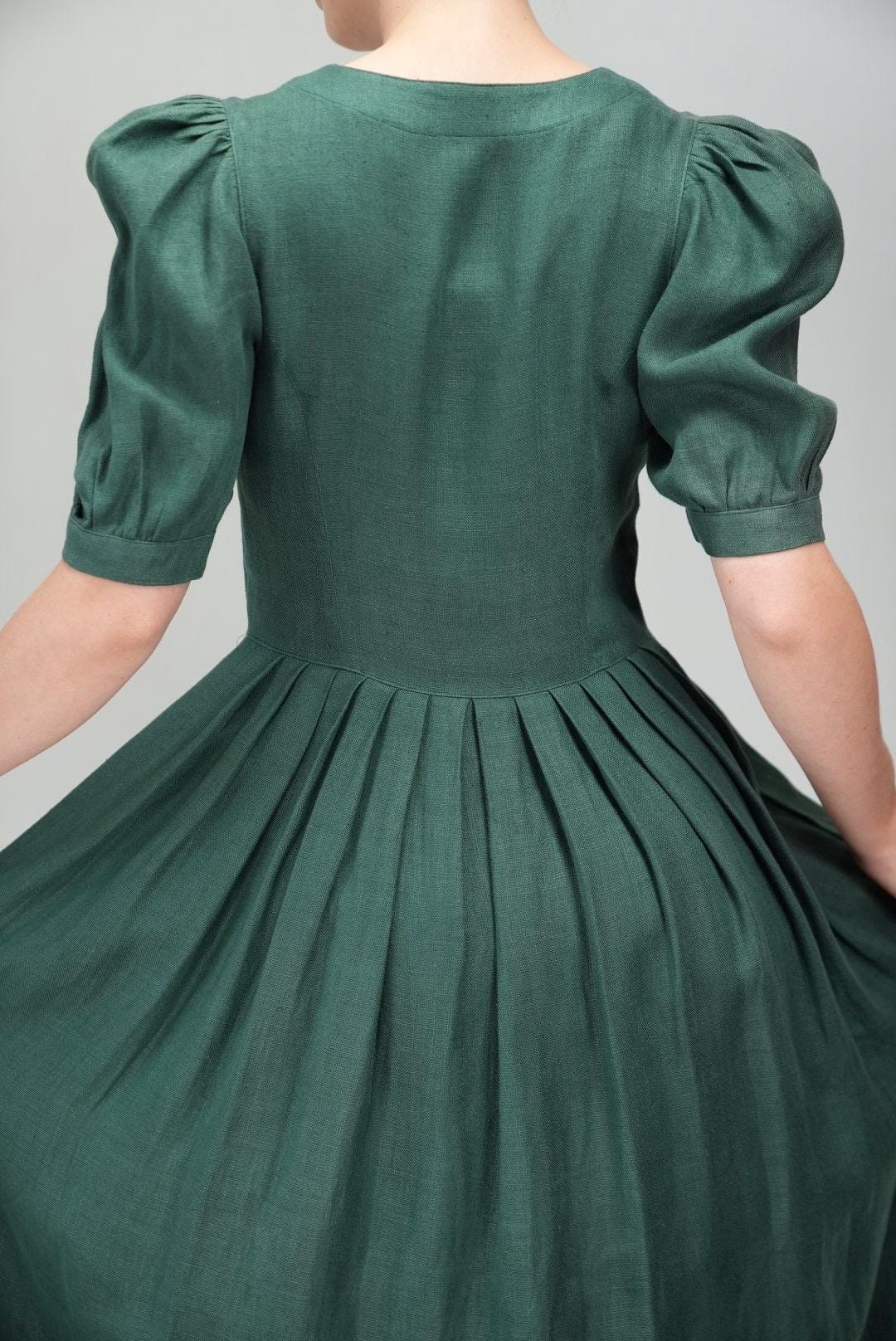 Vintage Pine Green Linen Midi Dress | Berwin & Wolff | Austrian Puff Sleeve Dress | Size S-M