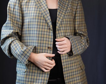 Vintage Blazer Jacket Checkered | Wool and Silk Blend | Fabric woven in Italy