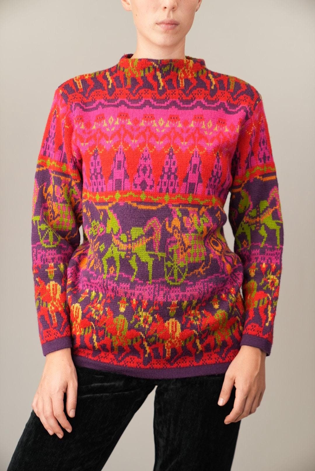 Zeldzame vintage BENETTON-sweater met uniek op paardrijden geïnspireerd patroon in levendige kleuren | Gemaakt in Italië, jaren 90