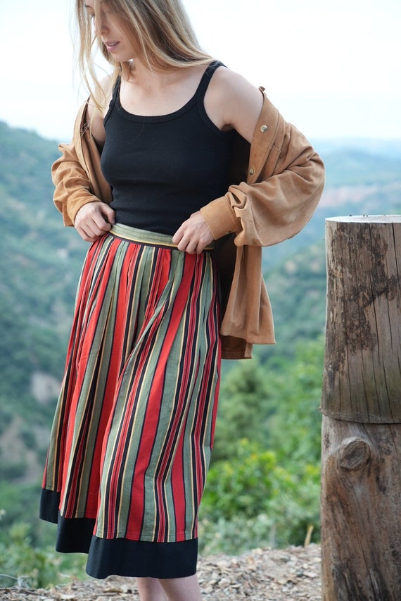 Unique Vintage Midi Skirt Vintage 60s 70s striped… - image 1