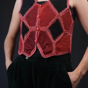 Suede Leather Vest Patchwork with Crochet Details red black image 3