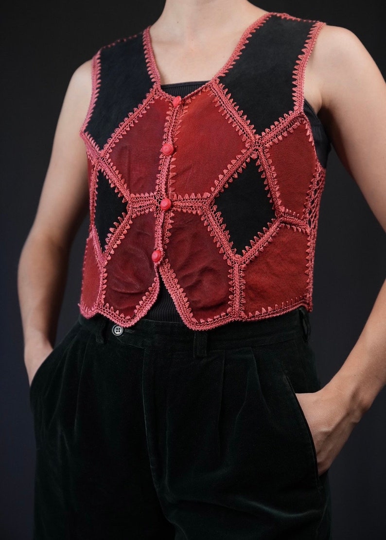 Suede Leather Vest Patchwork with Crochet Details red black image 3