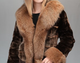 Nutria Fur Coat Sheared With Hood and Fox Fur Trim | Small