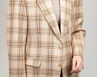 Vintage Wool Blazer in Beige with Plaid Pattern | 70s, with Wide Lapels | Men's Size M (EU 48, US 38) | Tailored in West-Germany