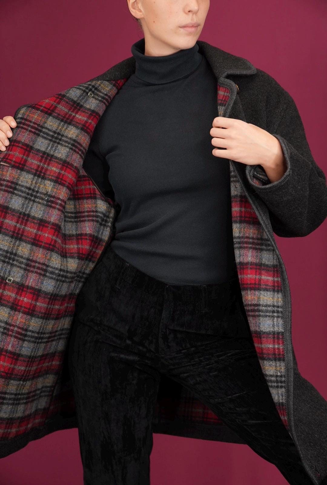 Merlet Loden Coat, Virgin Wool in Charcoal Grey With Red Checkered Wool Lining | Women's M-L | Made in Tyrol - Etsy Merlet Loden Coat, Virgin Wool in Charcoal Grey With Red Checkered Wool Lining | Women's M-L | Made in Tyrol - Etsy