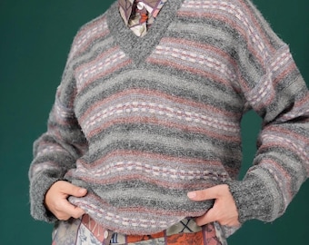 Vintage Wool Sweater with Striped Pattern in Grey and Pastel Tones | Wool Blend Sweater Women's 1990s | Made in Italy
