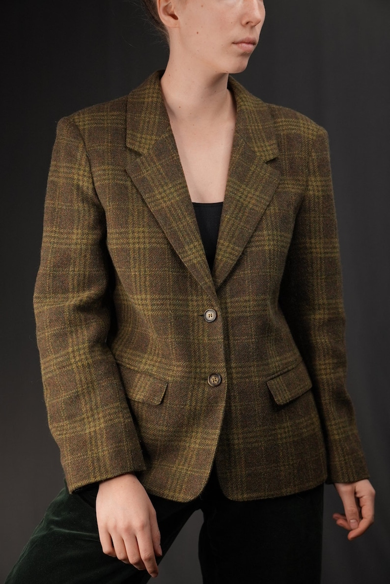 Blazer vintage in lana a quadri in verde kaki/alpaca e mohair/pennyblack, Made in Italy immagine 6