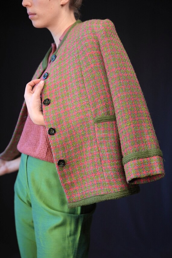 Boucle Vintage Jacket in Green and Pink Tartan | … - image 6