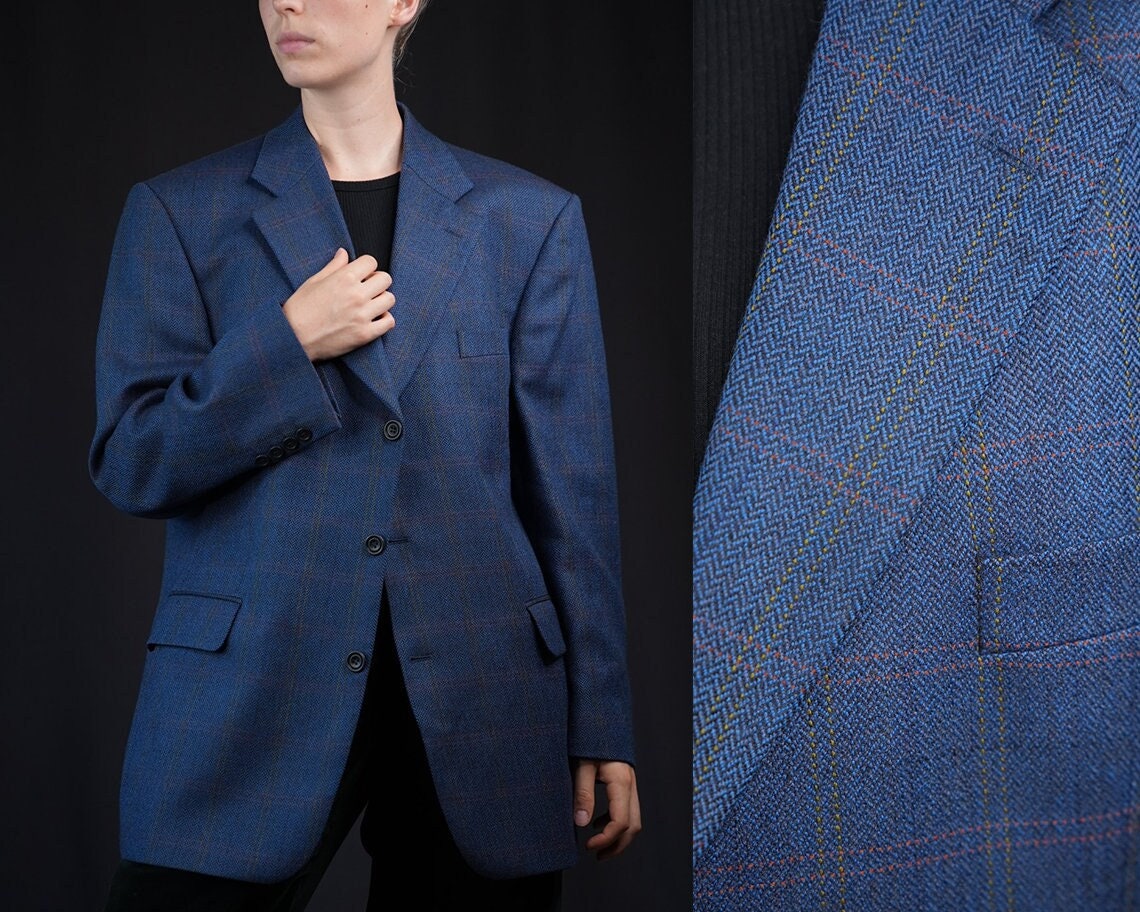 Fariani Vintage Wool Blazer Dark Blue Checkered 80s