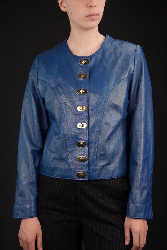 Cobalt Blue Vintage Leather Jacket Cropped with G… - image 9
