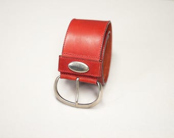 90s Red Leather Wide Belt | Thick Full Grain Leather | Silver Tone Buckle | Size XS–S | EU 70 / US W28