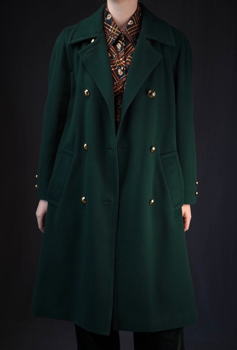 Aquascutum Dark Green Double-Breasted Vintage Wool Coat 20% Cashmere Made in England image 3