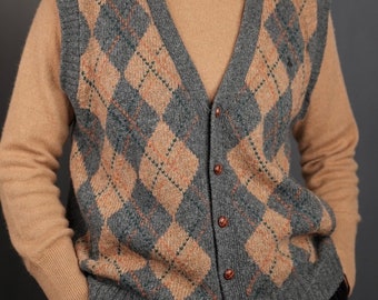 Ralph Lauren Vintage Wool Vest with Diamond Pattern in Grey and Beige