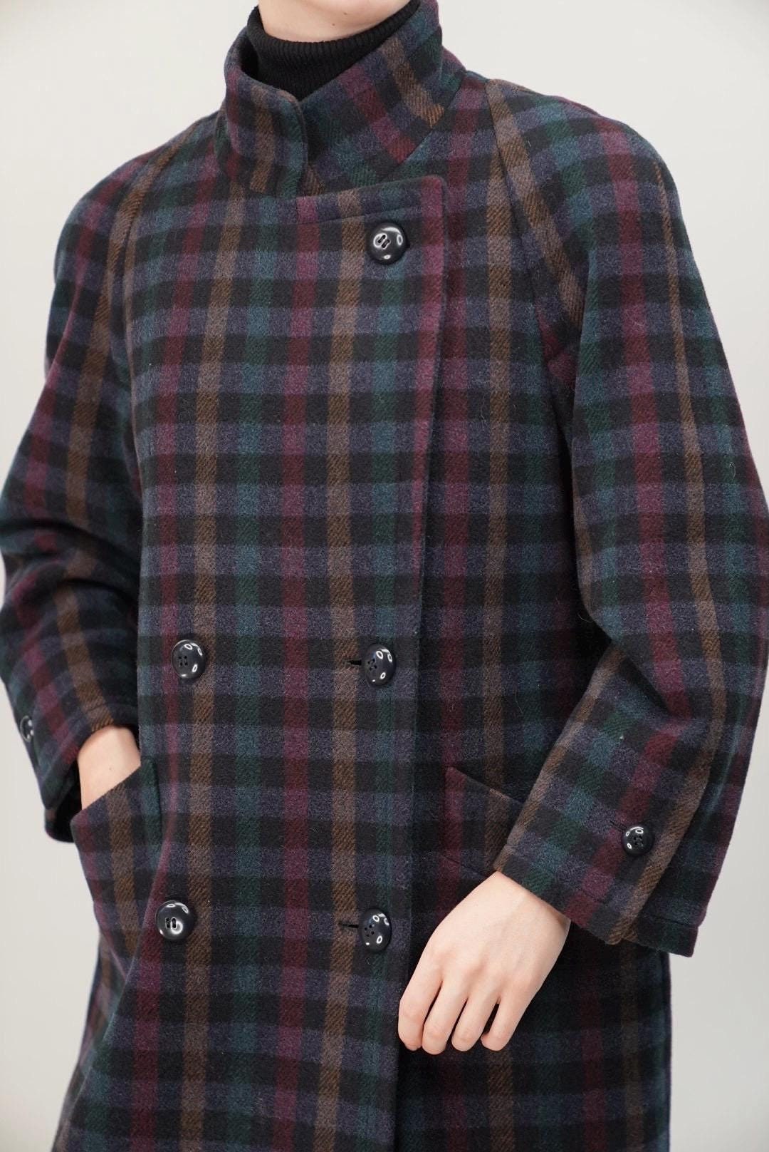 Vintage Maxi-Coat with Plaid Pattern in Classic Navy and Rich Burgundy | Size L | Made by Goldix, 1980s | Long Women's Wool Coat
