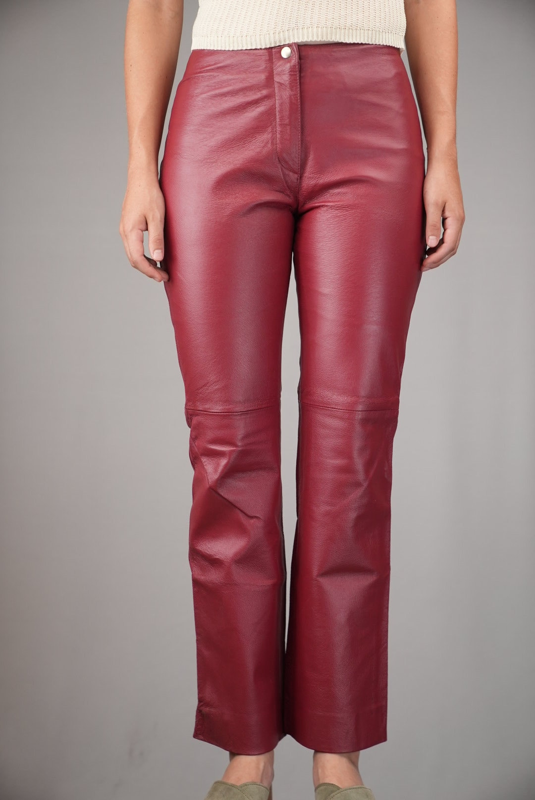LEVI’S RED / asymmetry leather pants Cherry Red Leather Pants Vintage | 1990s Women's Biker Pants