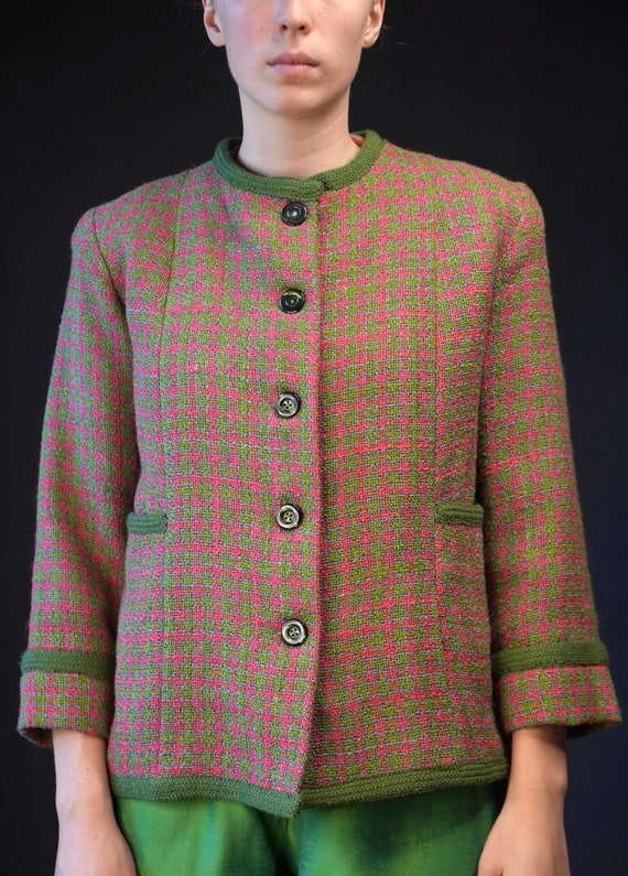 Boucle Vintage Jacket in Green and Pink Tartan | … - image 4