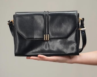 Navy Blue Vintage Leather Hand-bag | 80s | Women's Evening Bag with Shoulder Strap