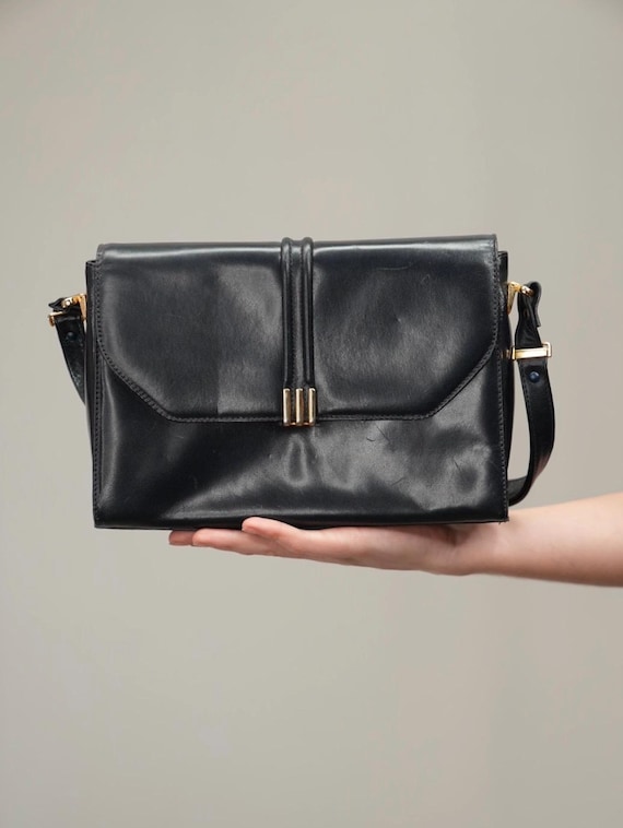 Navy Blue Vintage Leather Hand-bag | 80s | Women's Evening Bag with Shoulder Strap