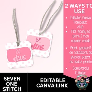Printable Valentine’s Day Gift Tags | Be Mine Editable Template | 2 Colors | Canva Template & PDF | 2-Inch Square Tags