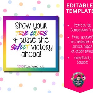 Afdrukbare kegels Good Luck Tags - Cheer Competition Favor Tags - 'Laat je ware kleuren zien en proef de zoete overwinning die voor ons ligt!'