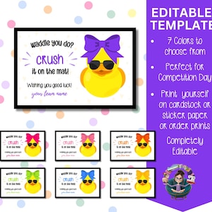 Modèle modifiable de toile Cheer Duck | Étiquettes pour canard Bonne chance | Cadeau imprimable de l'équipe de pom-pom girls All-Star | Vous dandinez-vous ?