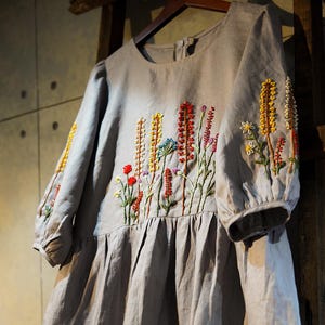 Hand Embroidered Linen Dress, Natural Flax Maxi Dress With Pockets, Minimalist Handmade Gift For Her