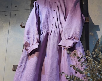 Lavender linen midi dress with pockets, Custom color, Made to order