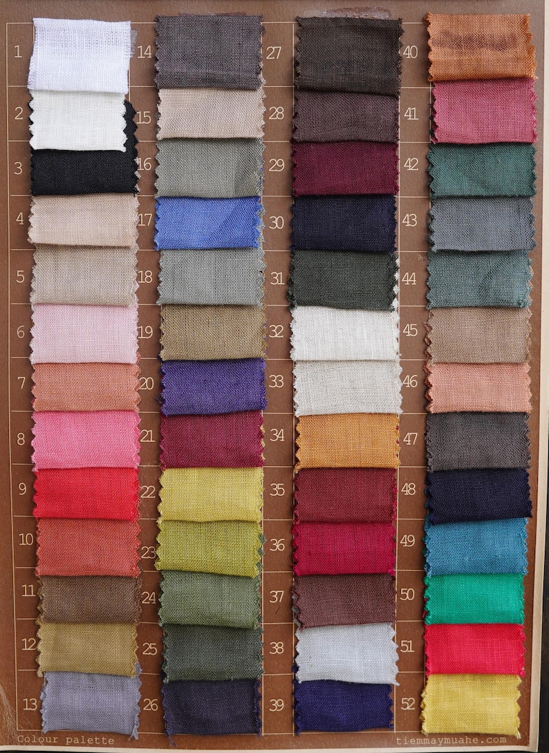 May include: A color palette featuring 52 fabric swatches in various colors, including white, black, pink, red, blue, green, and brown. Each swatch is numbered and labeled with a corresponding color name. The text "Colour palette" is visible.