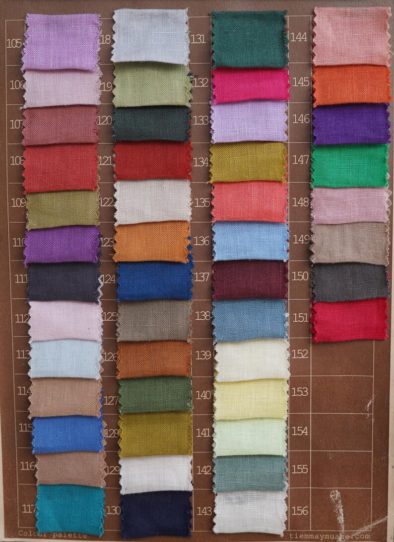 May include: A color palette featuring fabric swatches in a variety of hues, including pink, blue, green, and orange. Each swatch is rectangular and numbered, with a printed label at the bottom that reads "Colour palette."