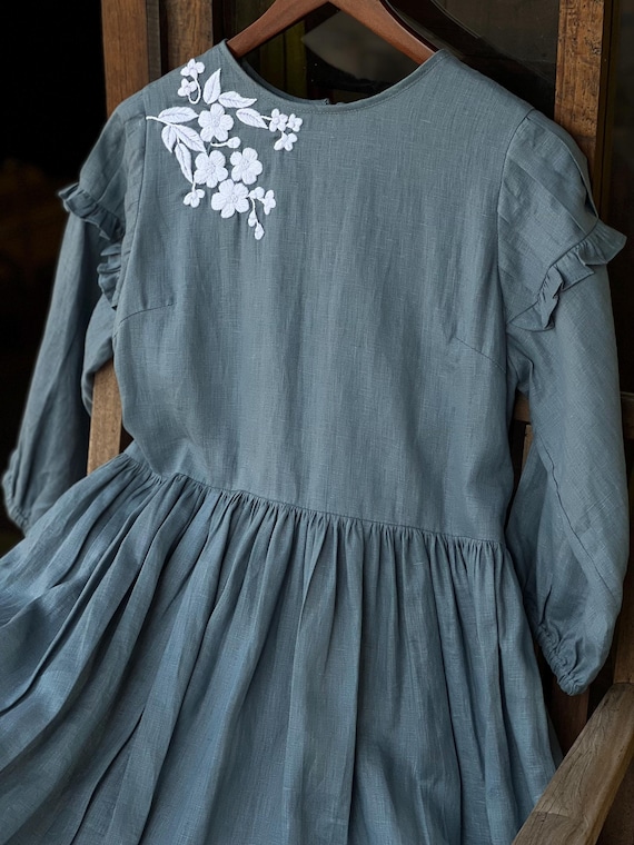 Hand-embroidered Linen Maxi Dress: Blue-grey Floral Wedding Guest