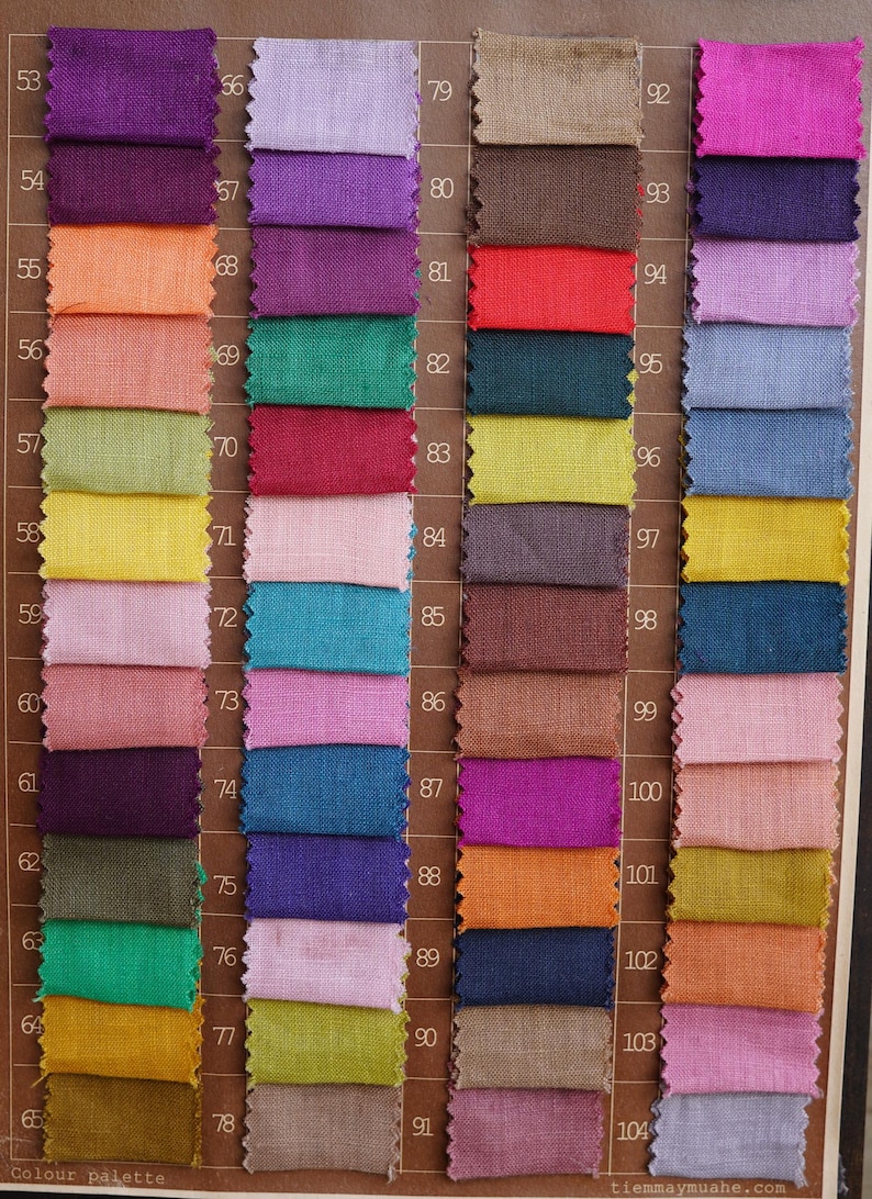 May include: A color palette featuring numerous fabric swatches in a variety of hues, including pinks, blues, greens, and browns. Each swatch is labeled with a number. The text "Colour palette" is visible at the bottom.