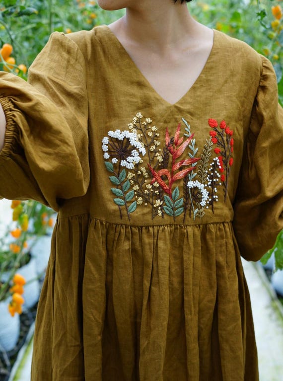 mustard embroidered dress Virginia Suiting Embroidered Midi Dress - Burnt Rose