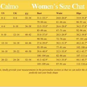 May include: A size chart for women's clothing, featuring measurements in inches and centimeters. The chart includes sizes XS to XXL, with corresponding US, UK, and EU sizes, along with bust, waist, and hip measurements. The brand name "Calmo" is at the top.
