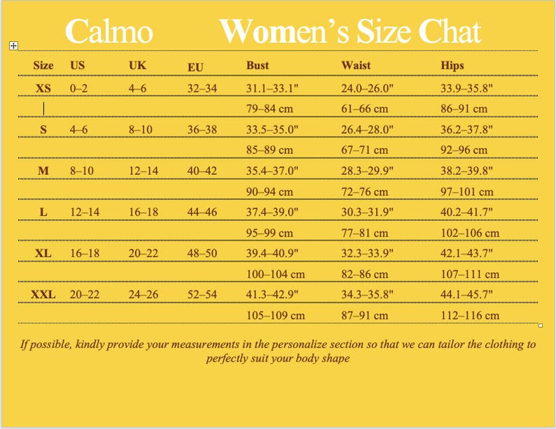 May include: A size chart for women's clothing, featuring measurements in inches and centimeters. The chart includes sizes XS to XXL, with corresponding US, UK, and EU sizes, along with bust, waist, and hip measurements. The brand name "Calmo" is at the top.