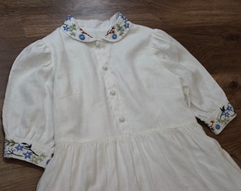 Hand-Embroidered Linen Midi Dress: Custom Floral Collar, Pockets, Made-to-Order