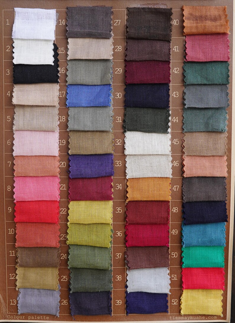May include: A color palette featuring 52 fabric swatches in various shades. The samples range from white, black, and beige to vibrant hues of pink, red, blue, and green. The color palette is labeled with numbers and the text "Colour palette".