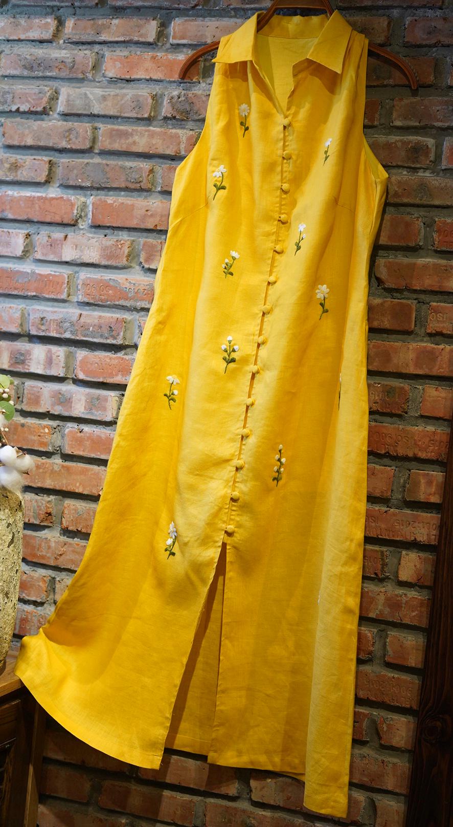 Hand-Embroidered Linen Dress: Sleeveless Yellow Summer